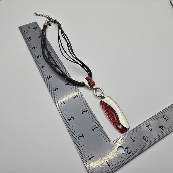 Chicos Red and Silver Pendant Necklace Spiral Pattern - Picture 8 of 9